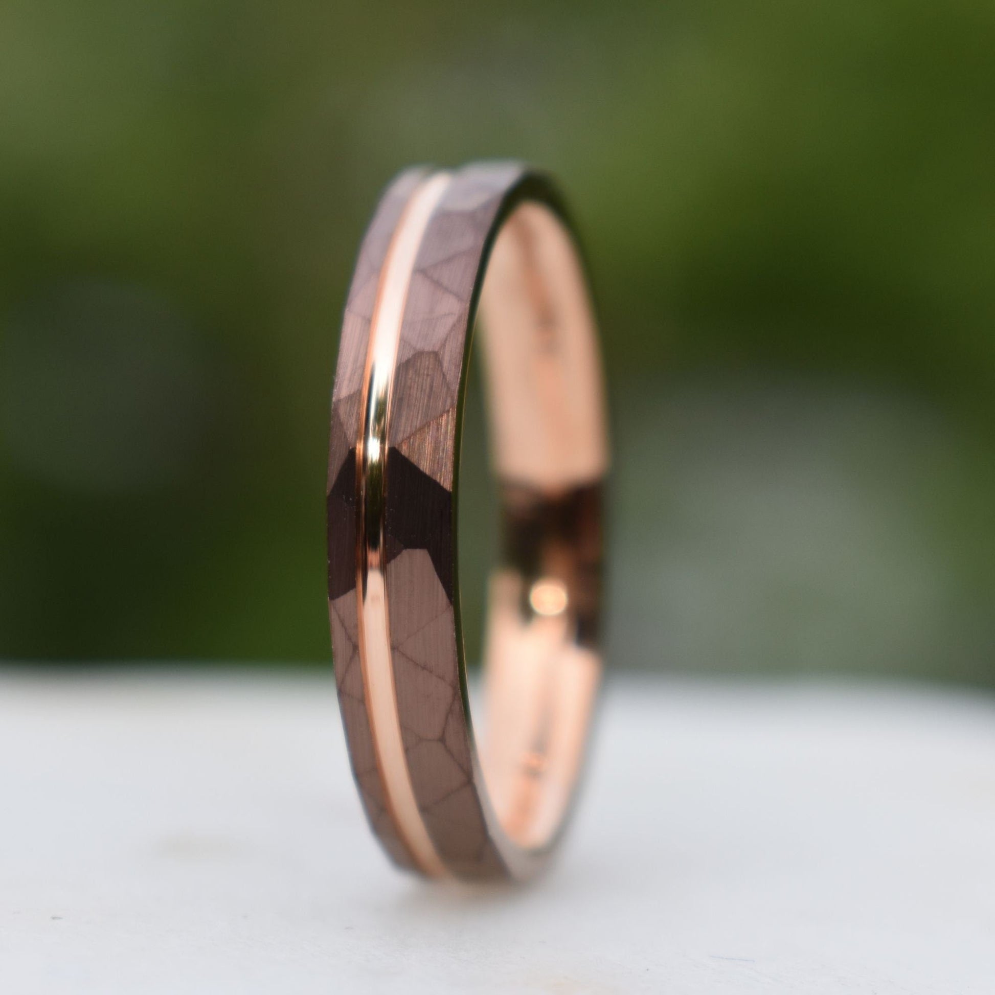 Hammered 4mm Chocolate Tungsten Ring with Rose Gold Accent, Mens Ring, Mens Wedding Band