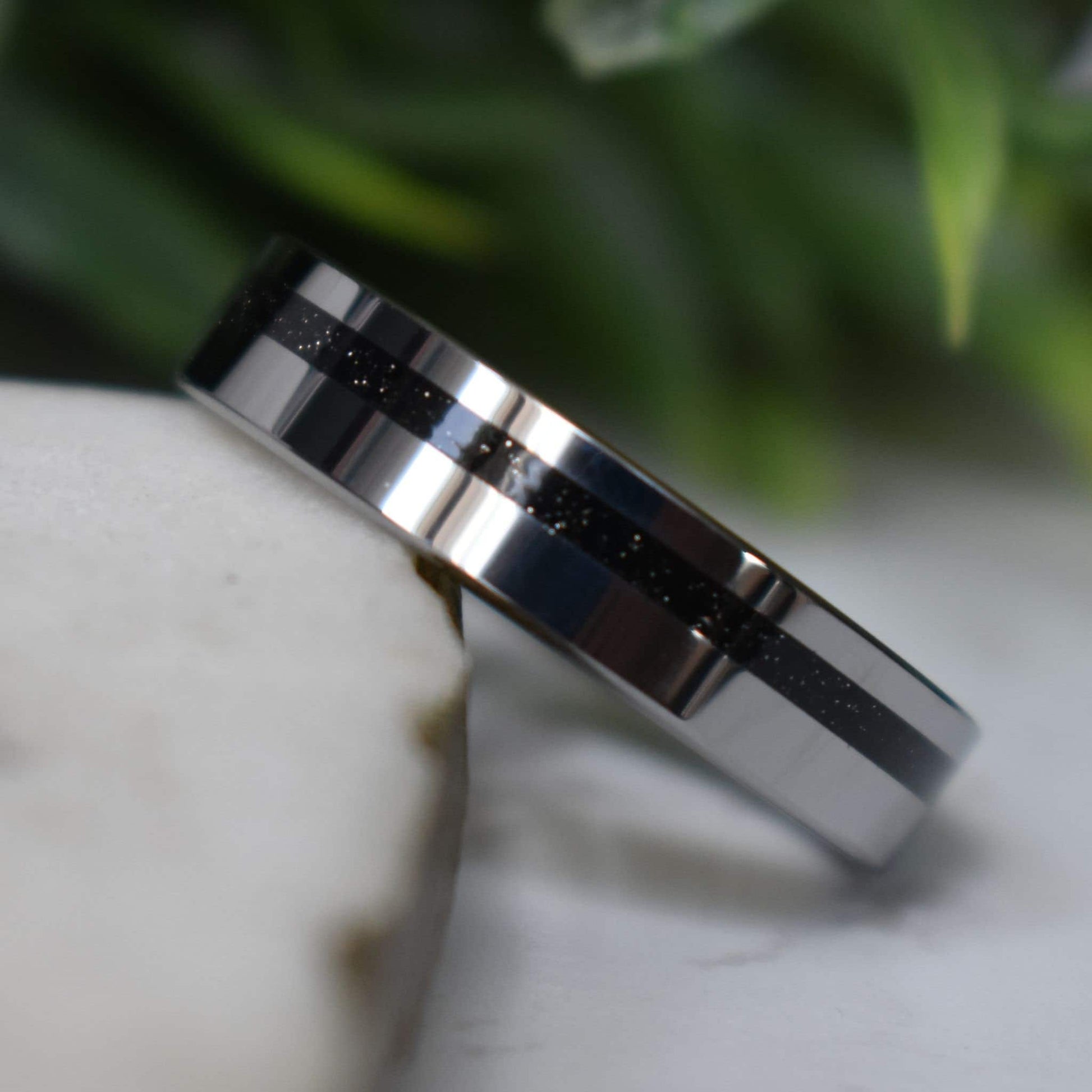 Tungsten 6mm Ring Black Druzy Quartz Wedding Band