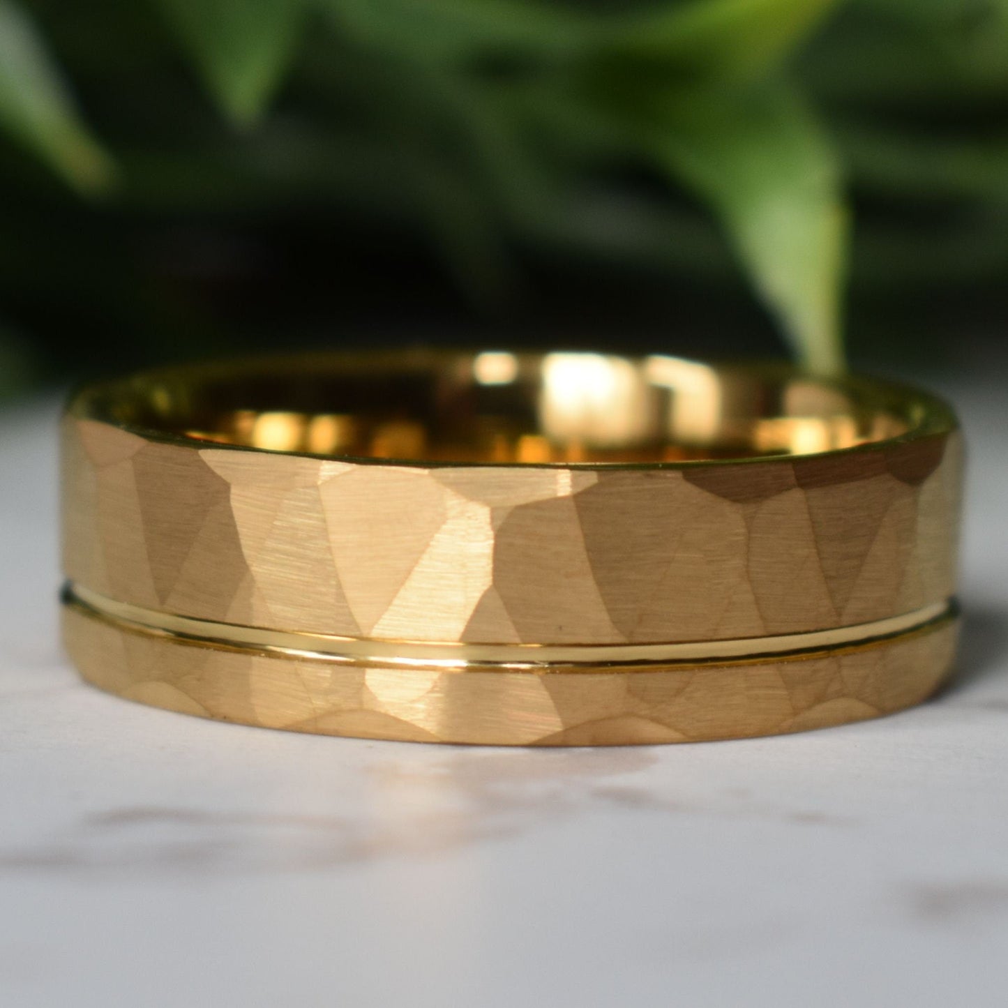 Hammered Tungsten Ring 8mm Gold Brushed with Polished Gold Accent