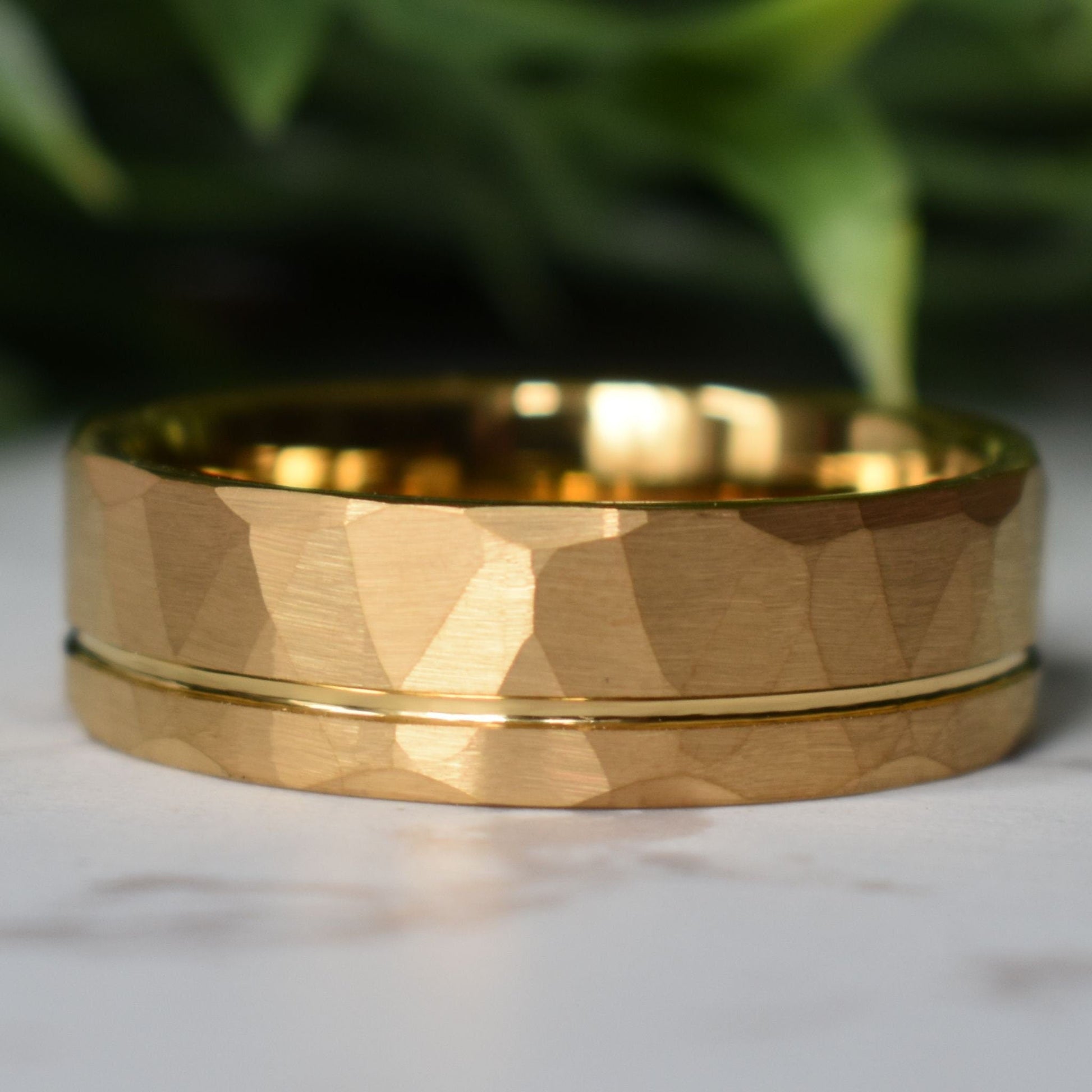 Hammered Tungsten Ring 8mm Gold Brushed with Polished Gold Accent