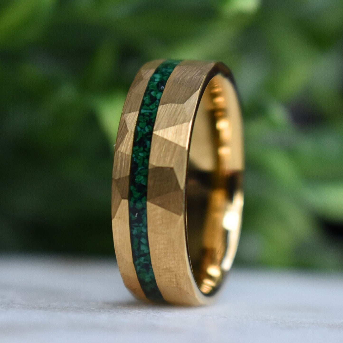 Tungsten 8mm Hammered Gold Ring with Malachite Inlay