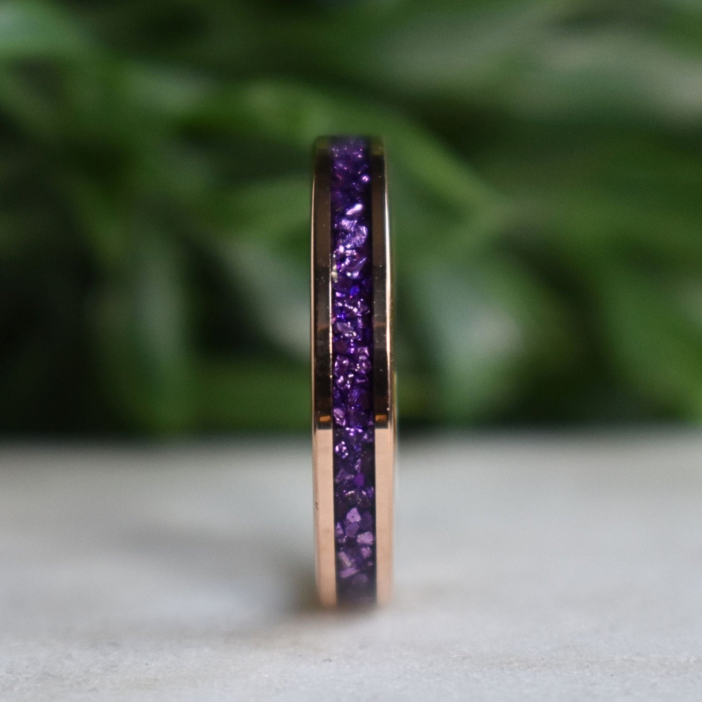 Tungsten 4mm Rose Gold Ring with Amethyst Inlay