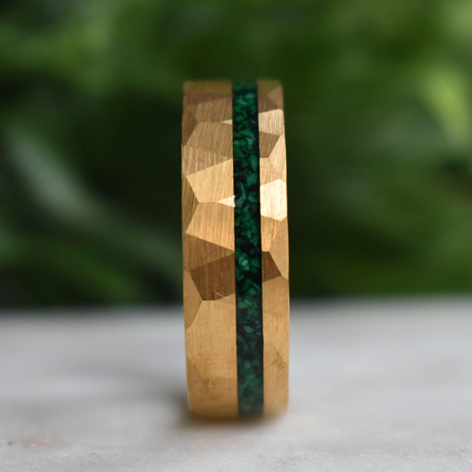 Tungsten 8mm Hammered Gold Ring with Malachite Inlay