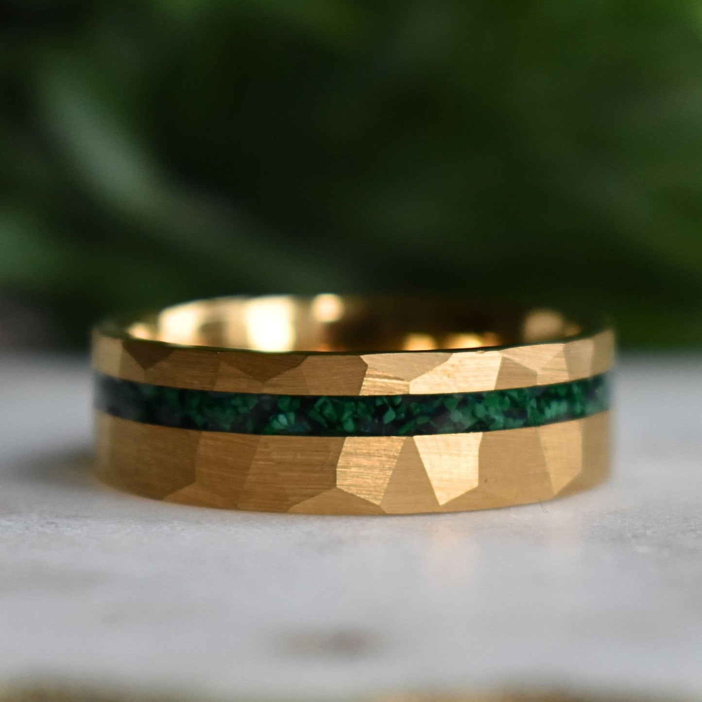 Tungsten 8mm Hammered Gold Ring with Malachite Inlay