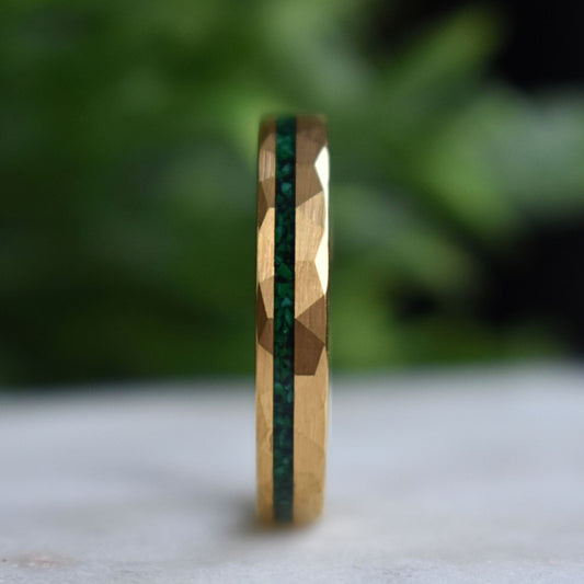 Tungsten 4mm Hammered Gold Ring with Malachite Inlay
