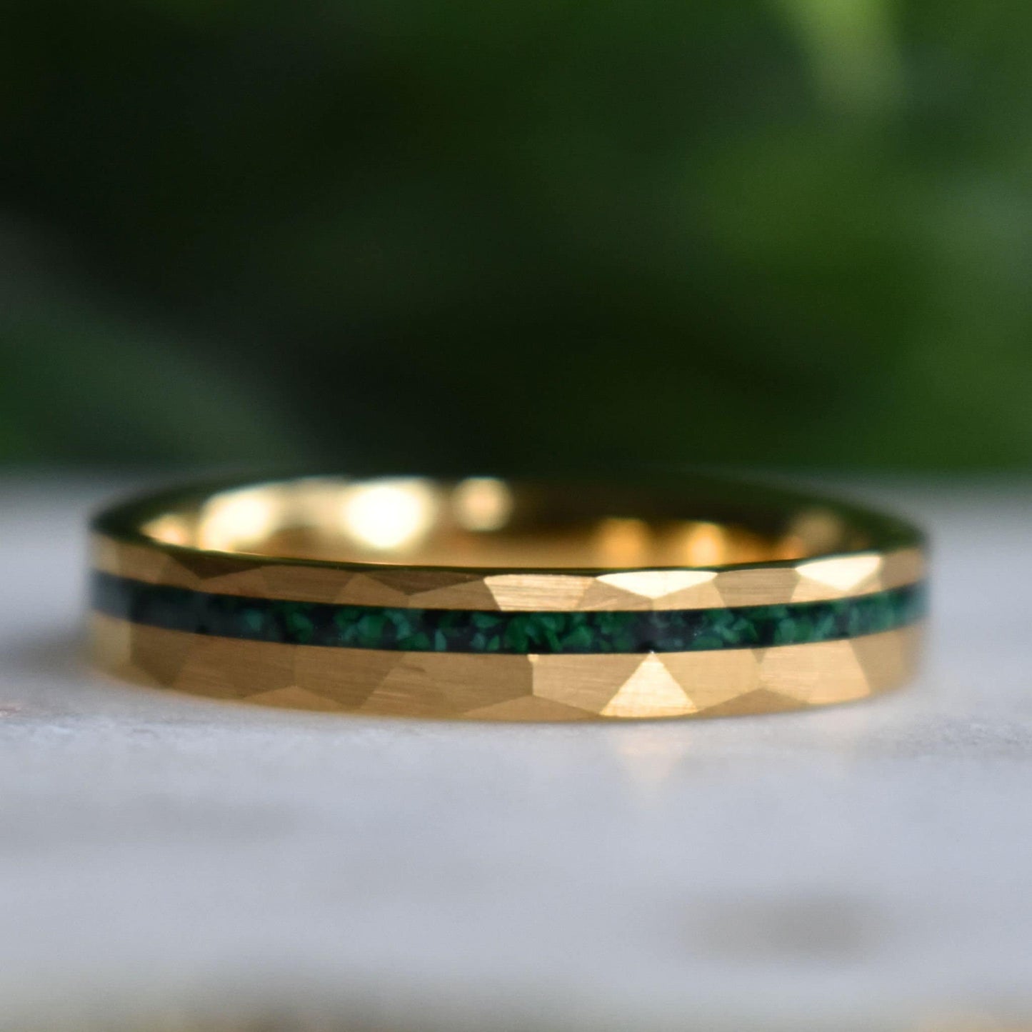 Tungsten 4mm Hammered Gold Ring with Malachite Inlay