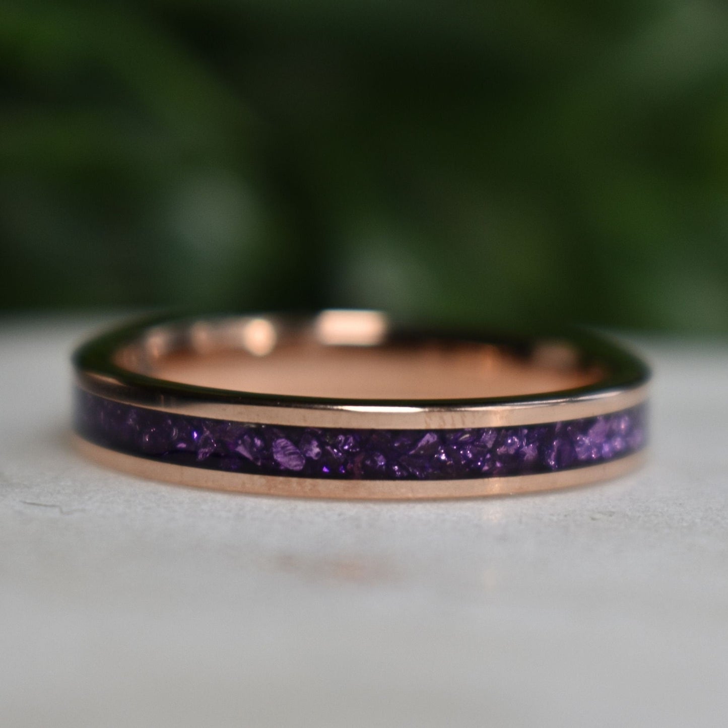 Tungsten 4mm Rose Gold Ring with Amethyst Inlay