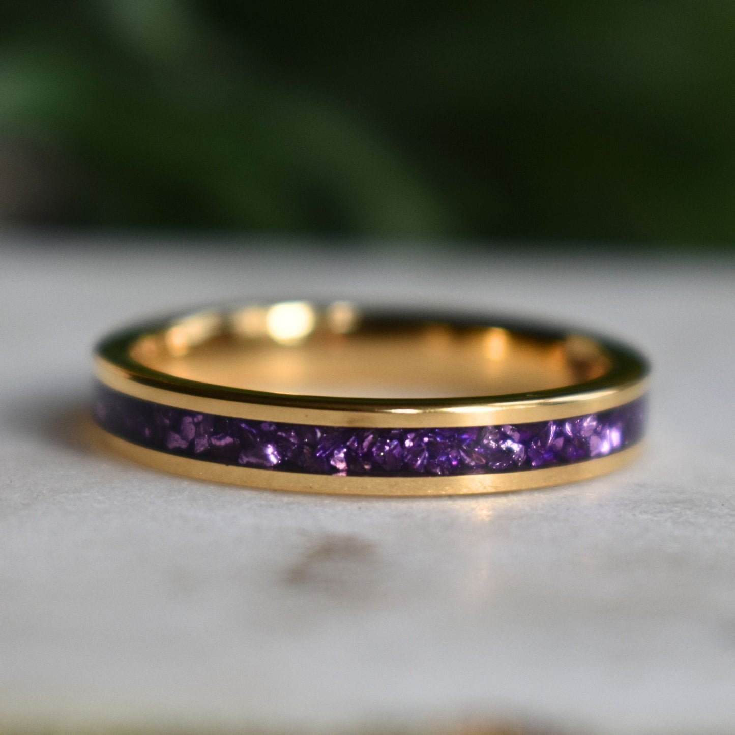 Tungsten 4mm Gold Ring with Amethyst Inlay