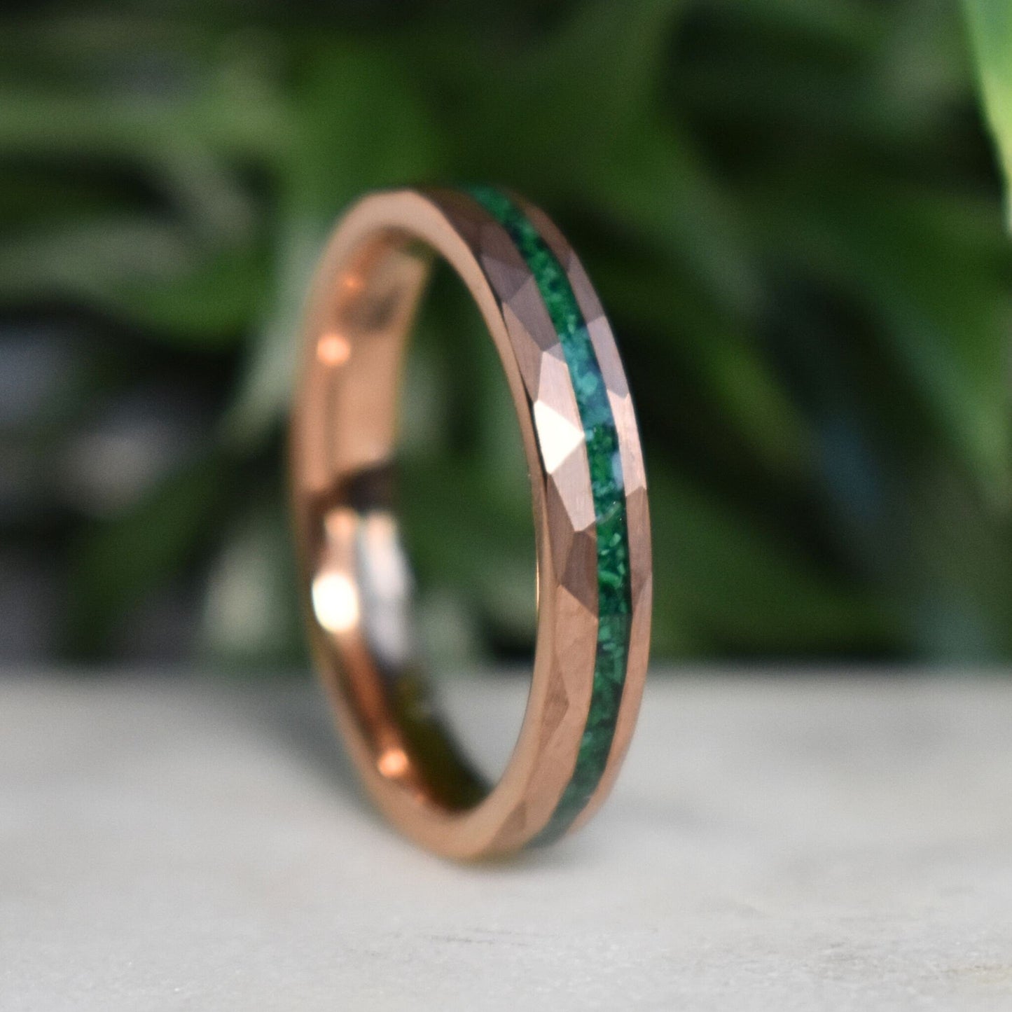 Tungsten 4mm Hammered Rose Gold Ring with Malachite Inlay