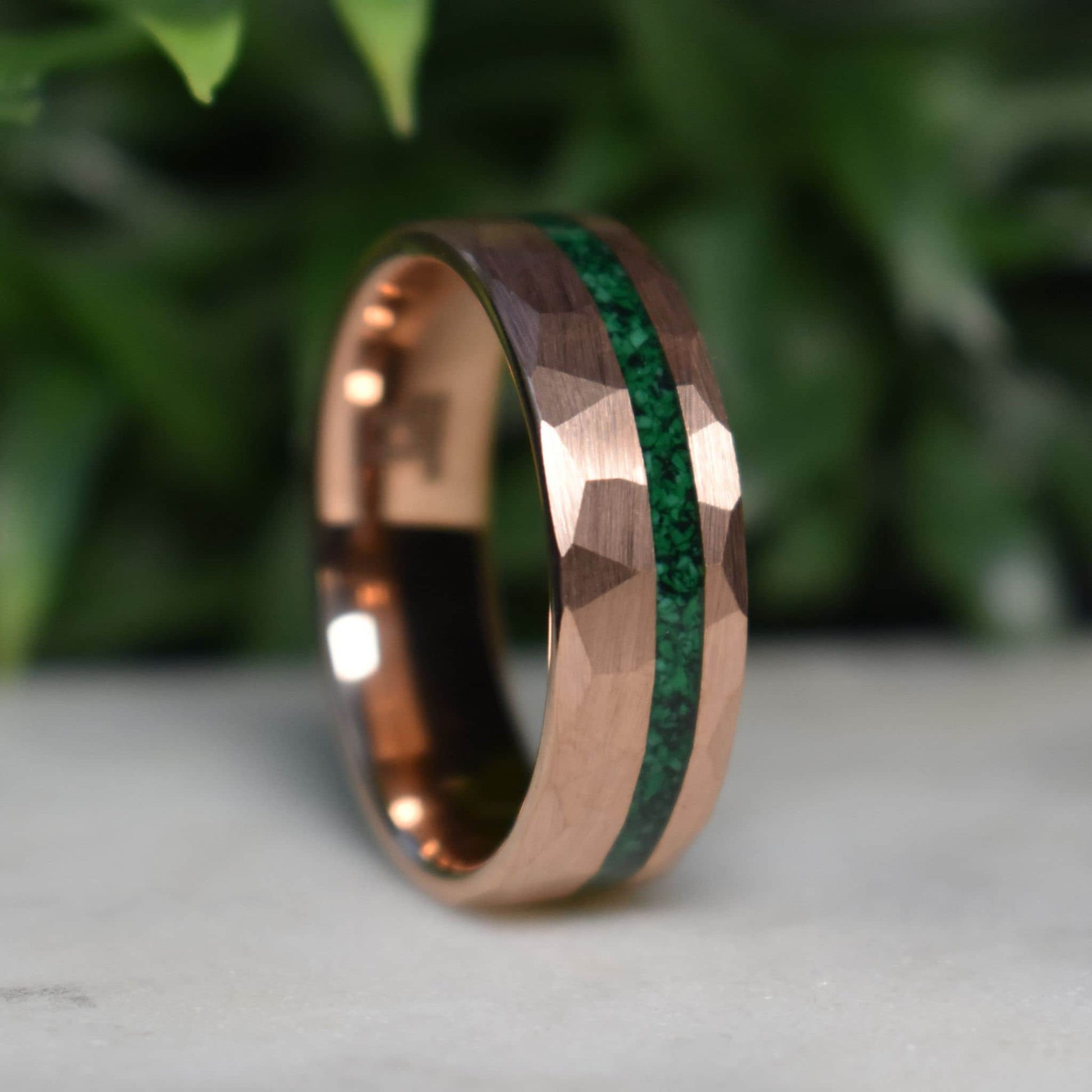 Tungsten 8mm Hammered Rose Gold Ring with Malachite Inlay