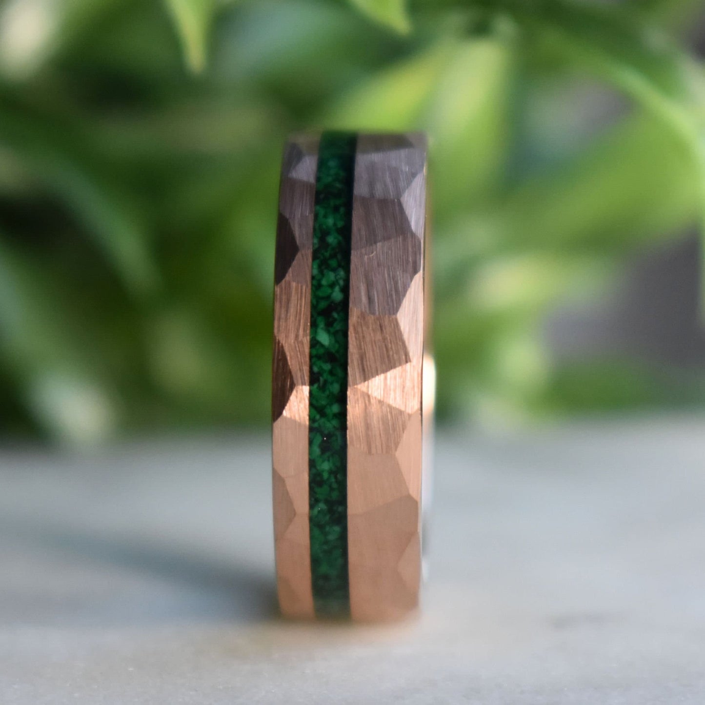 Tungsten 8mm Hammered Rose Gold Ring with Malachite Inlay