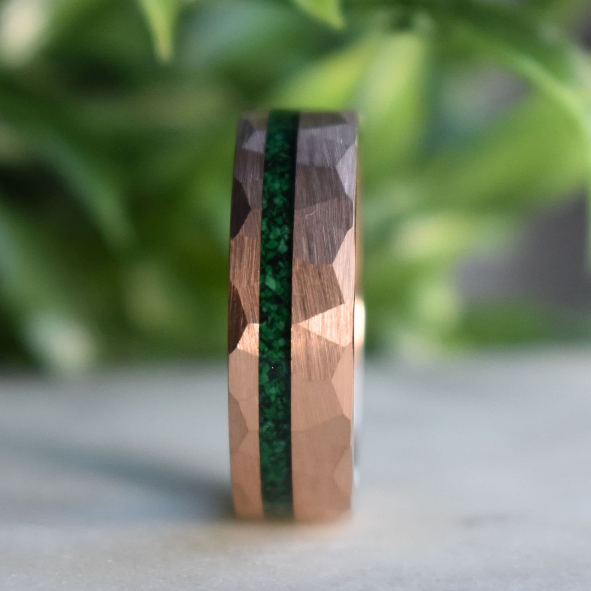 Tungsten 8mm Hammered Rose Gold Ring with Malachite Inlay