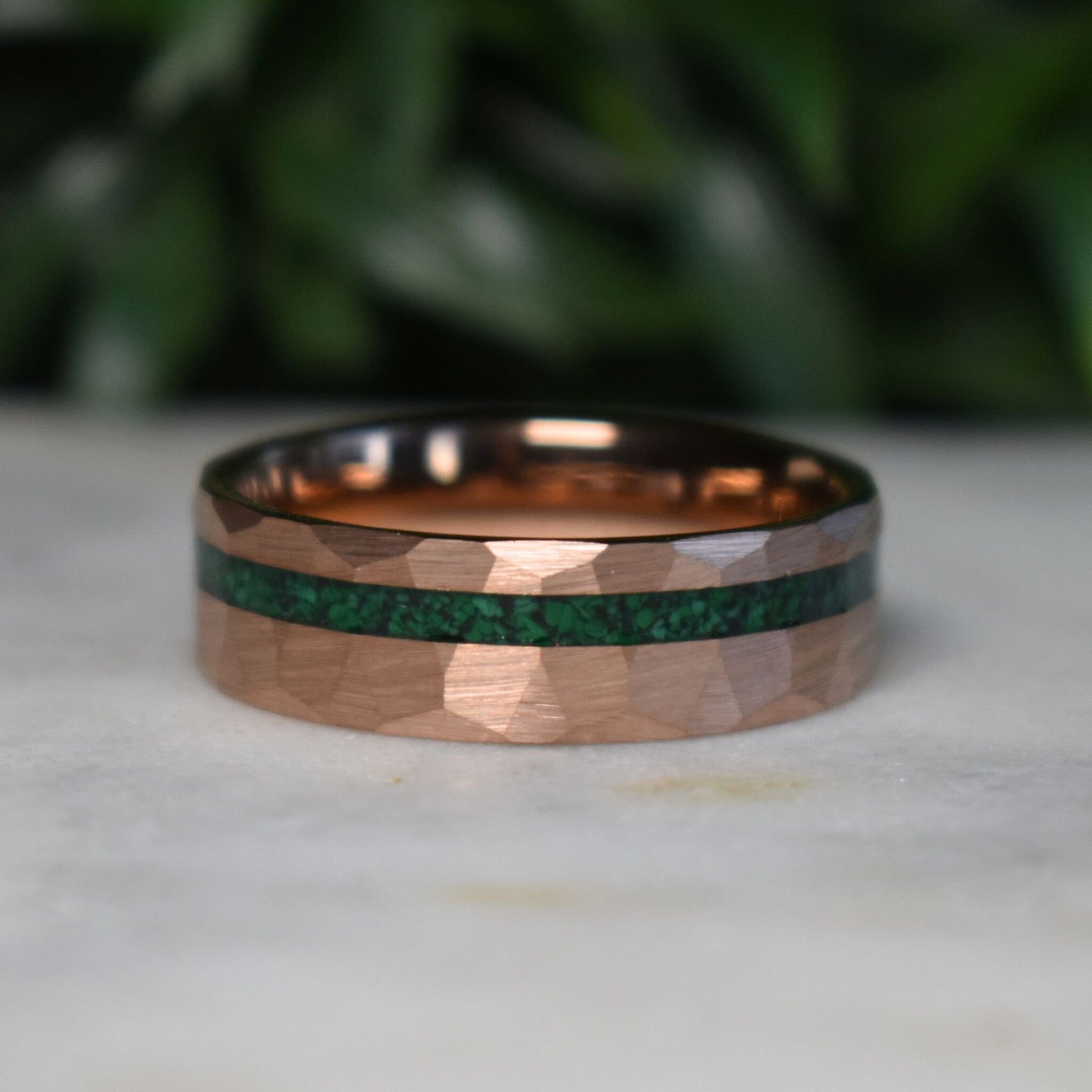 Tungsten 8mm Hammered Rose Gold Ring with Malachite Inlay