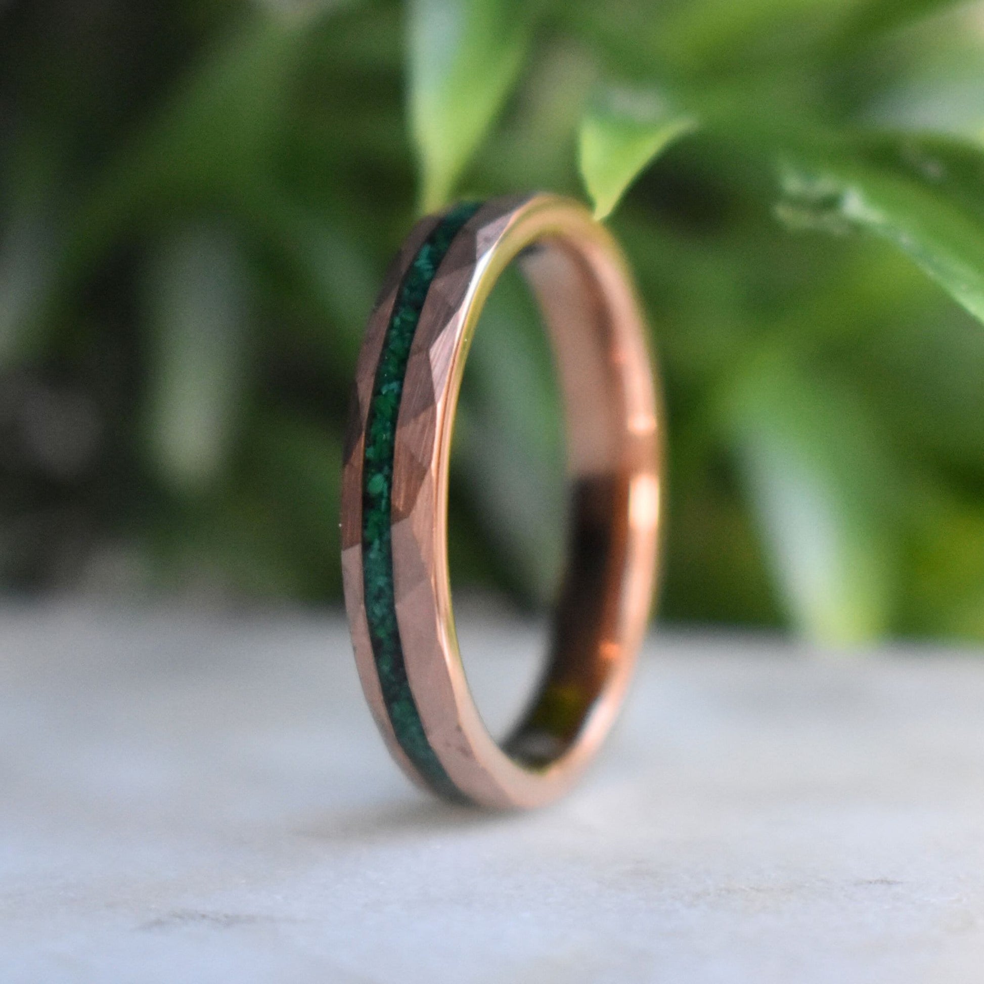 Tungsten 4mm Hammered Rose Gold Ring with Malachite Inlay