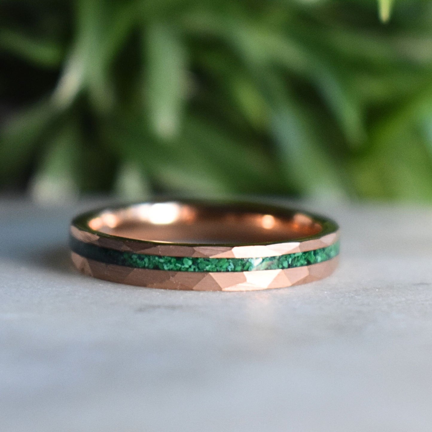 Tungsten 4mm Hammered Rose Gold Ring with Malachite Inlay